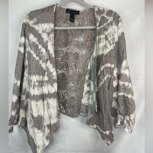 INC 100% linen cardigan. Beautiful gray and white with a lacy back.
